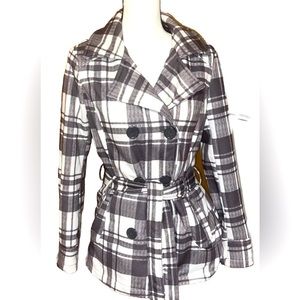 J2 by Jou Jou White & Gray Plaid Coat SZ Medium Women Belted PeaCoat Jacket